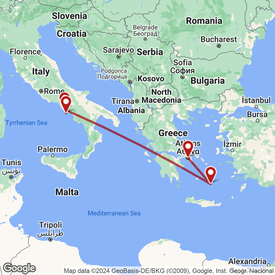 Route for Athens, Santorini, Naples, Sorrento tour